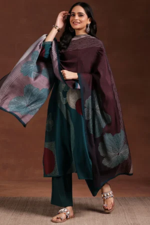 Teal Printed Cotton Blend Straight Suit With Dupatta