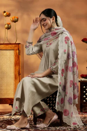 Beige Yoke Design Silk Blend Straight Suit With Dupatta