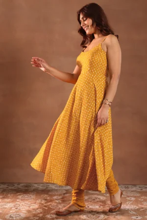 Mustard Printed Rayon Anarkali Suit With Dupatta