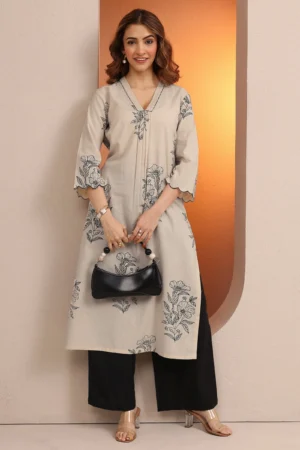 Off White Printed Cotton Straight Kurta