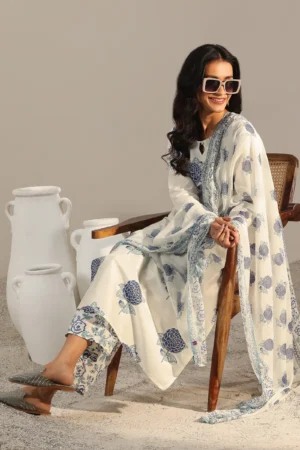 Off White Printed Chanderi Silk Straight Suit With Dupatta