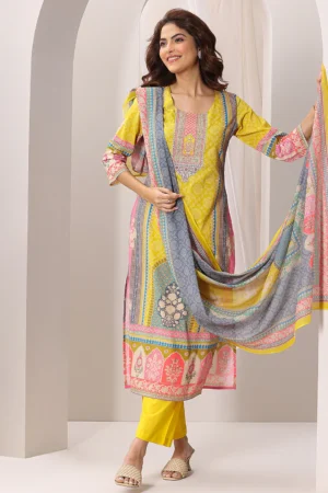 Yellow Printed Cotton Straight Suit Set With Dupatta
